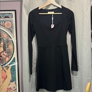 Qinsen Elegant Black Long Sleeve Dress